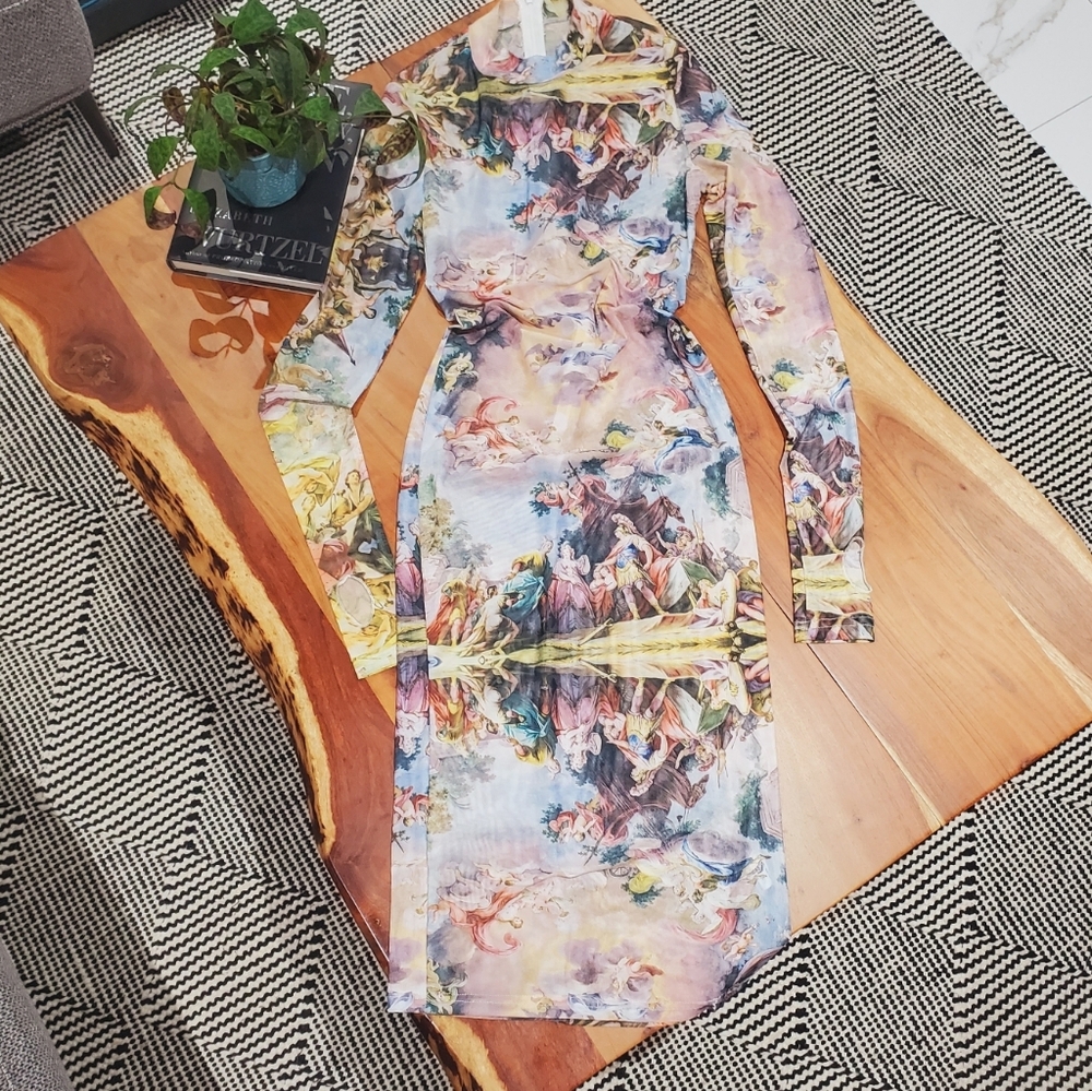 Artistic Renaissance Roman Empire Print Long Sleeve Mesh Dress
